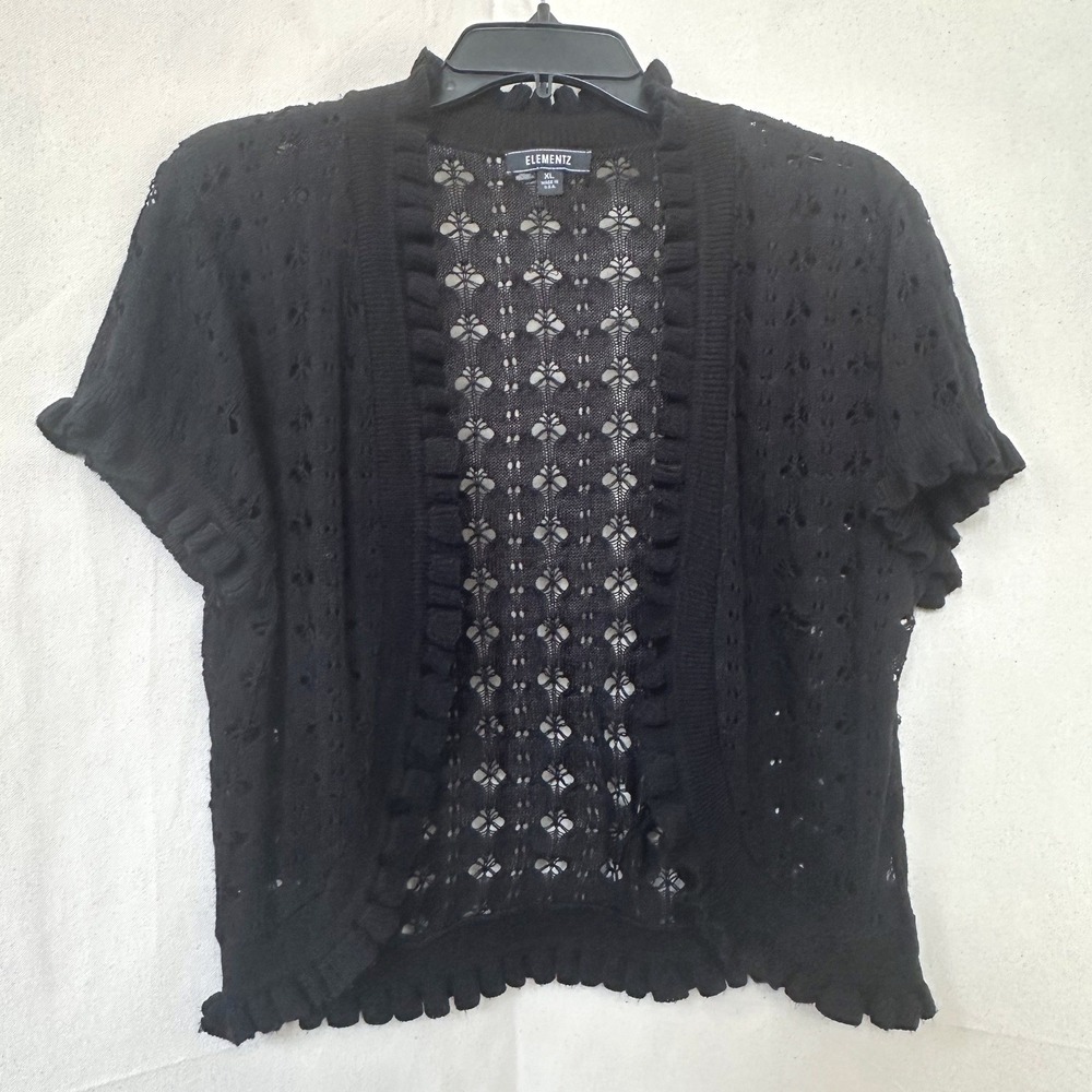 Womens Dark Fairy Cottage Black Pointelle Open Knit Ruffle Cardigan Sz. XL